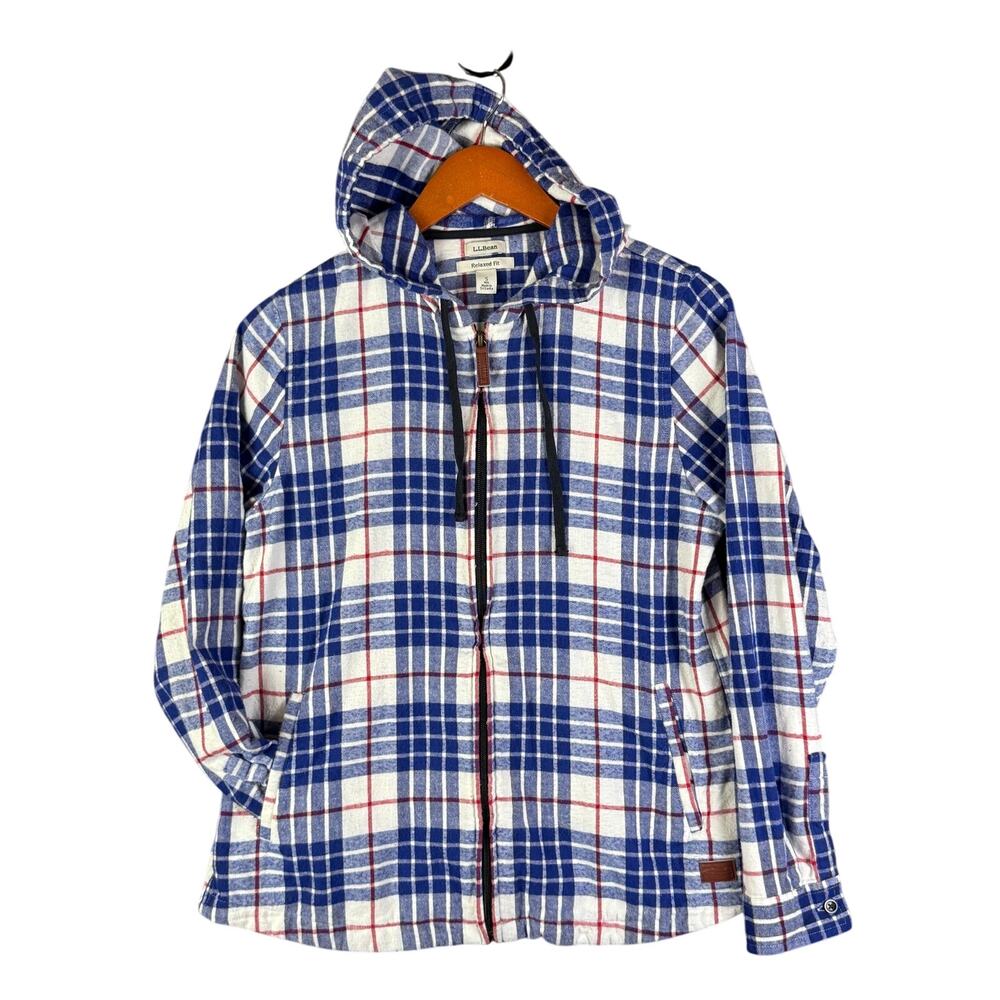 L.L. Bean Scotch Plaid Flannel Relaxed Full Zip Hoodie Red Blue RWB Womens Small